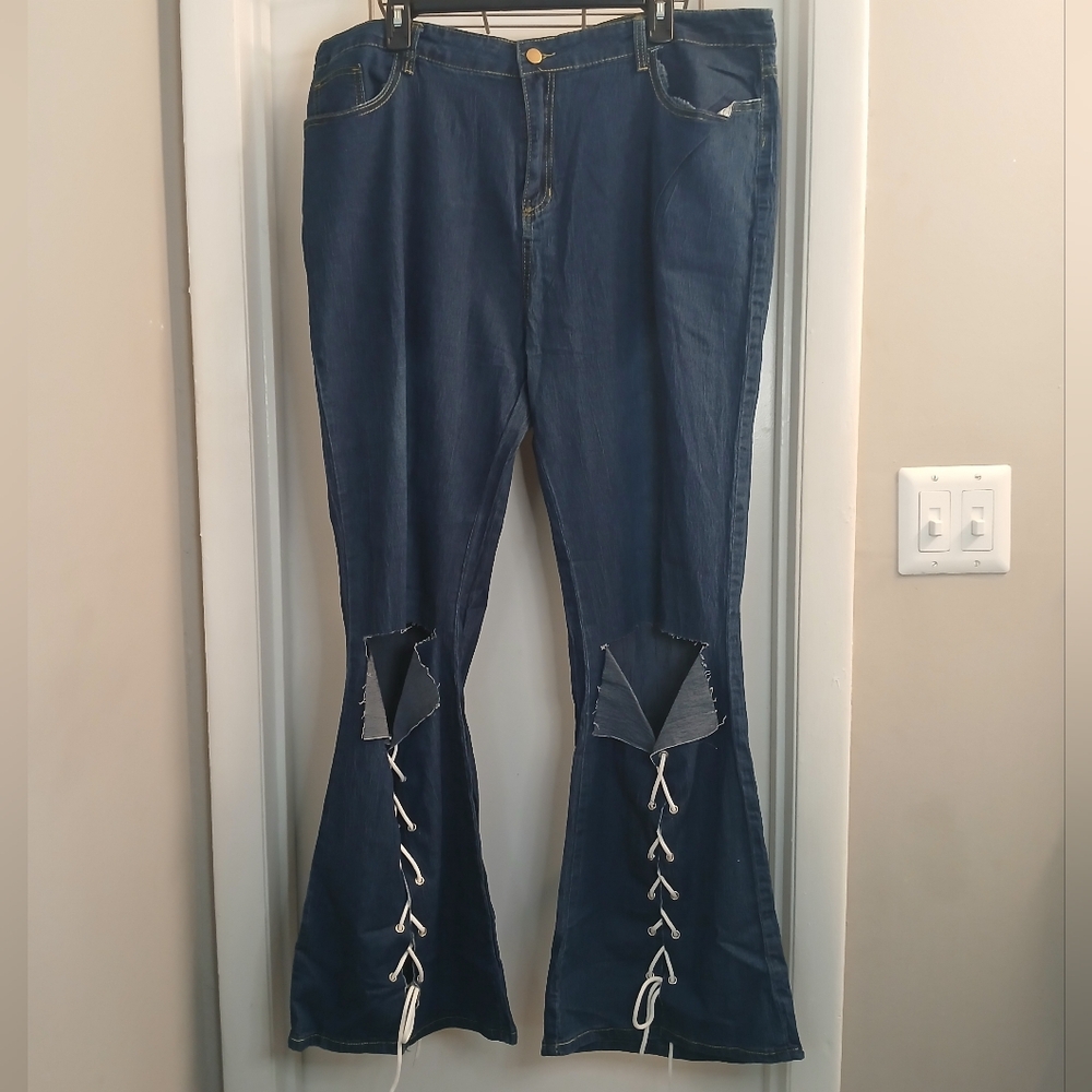Blue Flared Lace Up Leg Distressed Slashed Stretch Jeans 4X NWOT